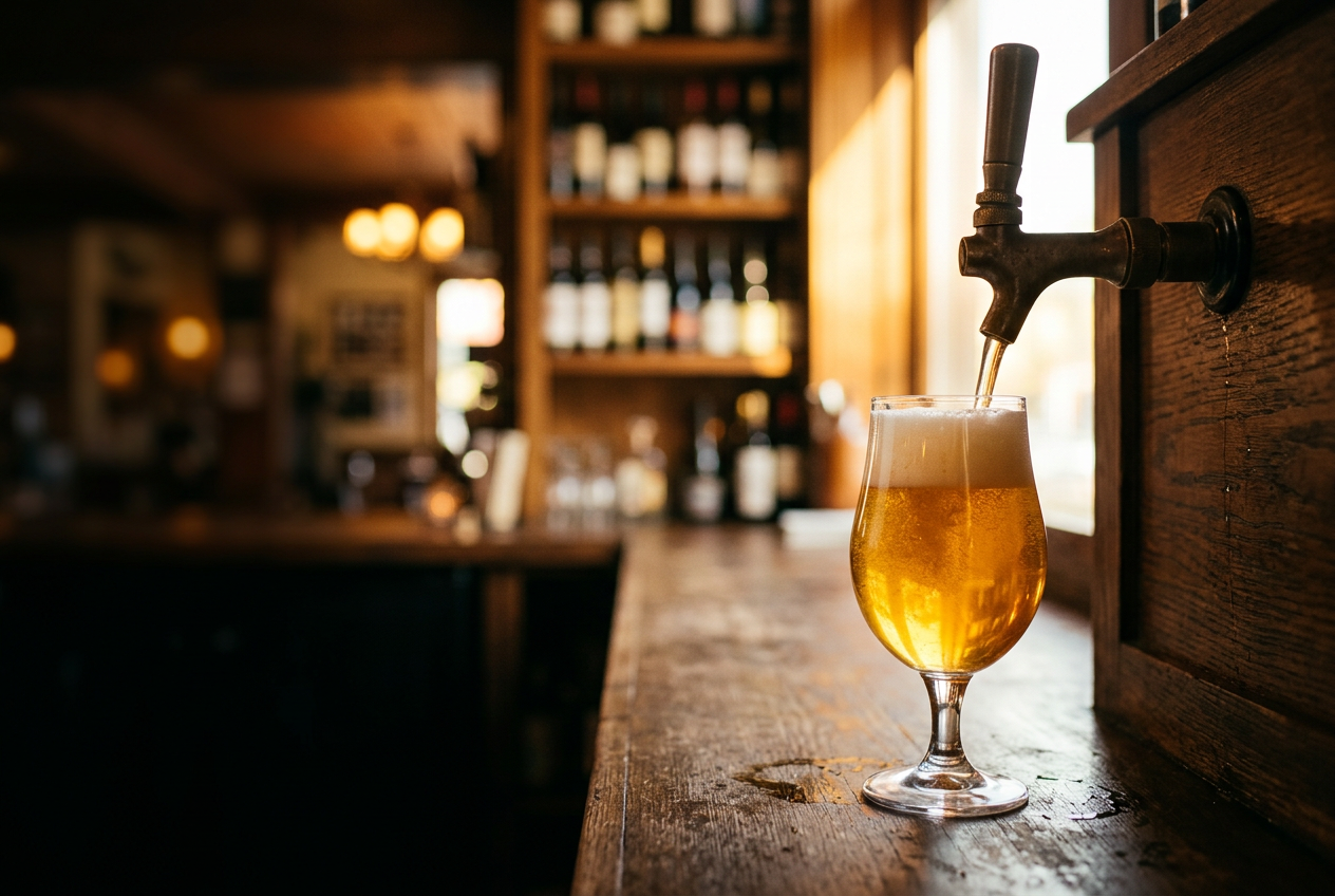Golden craft beer poured from a tap with a natural foam head