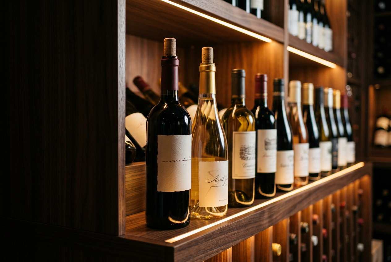 Close-up of wine bottles at Meritage Wine Mart