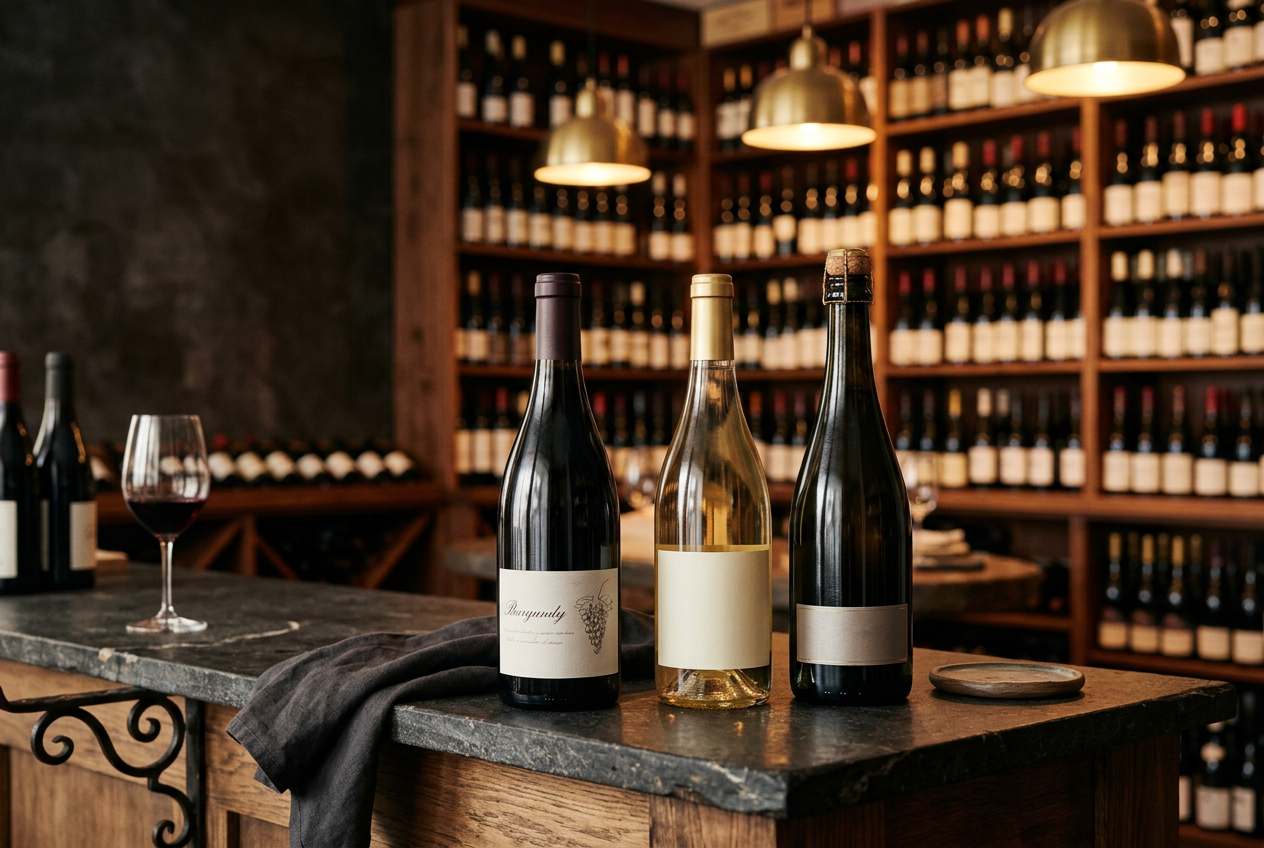 Three curated wine bottles on a warmly lit tasting counter